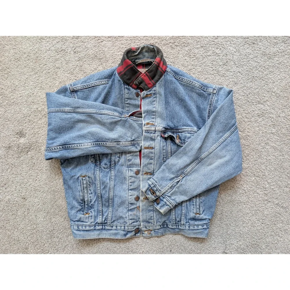 VTG 80s Levi's Denim Trucker Jacket Mens Medium Plaid Flannel Lined Made in USA
